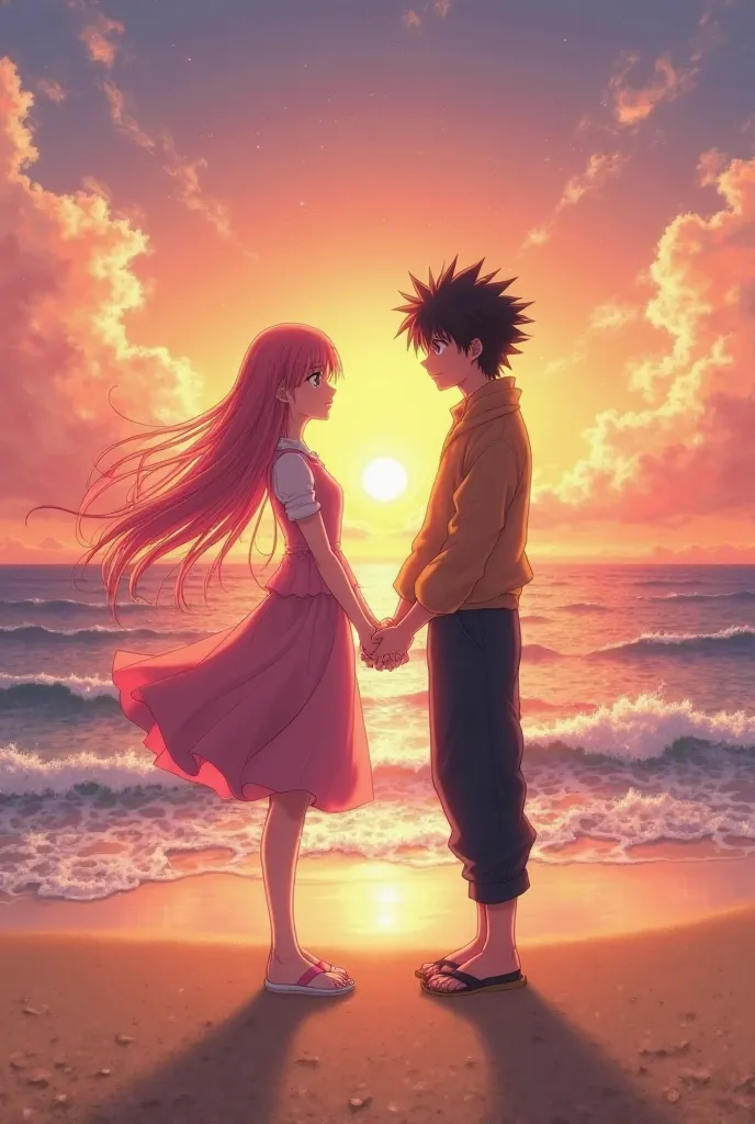 Anime Sakura and Sasuke in the middle of the beach holding hands at dusk with sunset