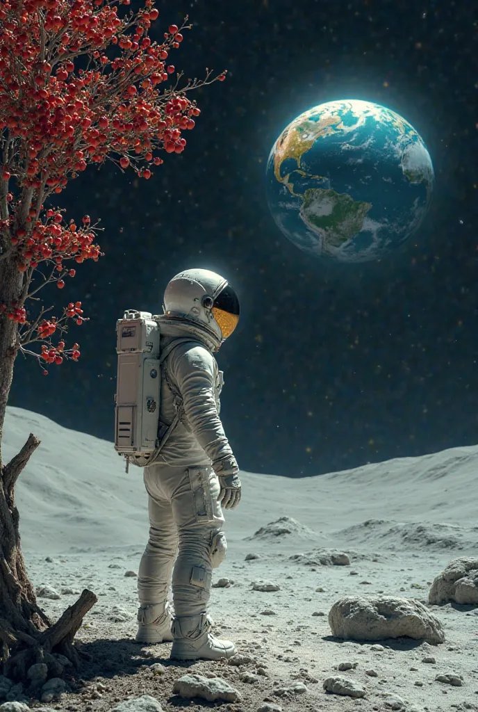 Create a picture of a spaceman on the moon with Earth behind him and an apple tree in front of him