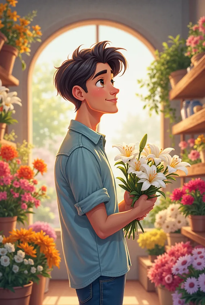 A thoughtful man in his late 20s standing in a flower shop. He’s wearing a casual yet stylish outfit—a light blue shirt and jeans. He has short, dark hair and a gentle smile. He’s holding a bouquet of white lilies in one hand and looking at the florists wi...