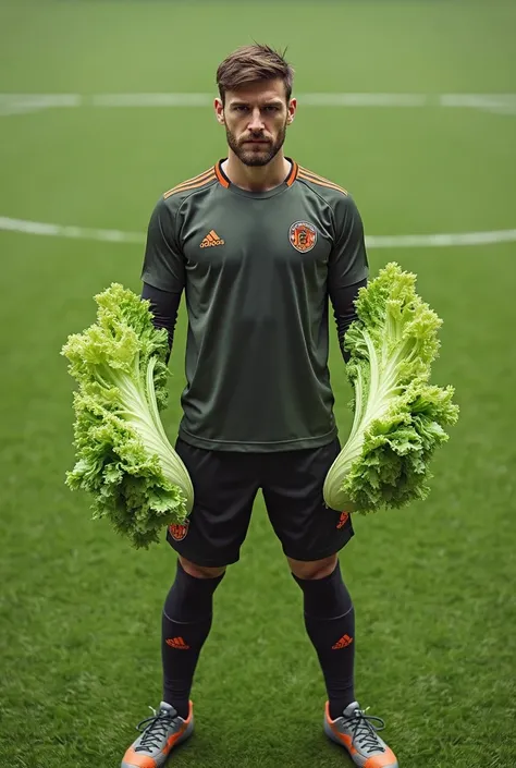 Create a real photo of a goalie in which your hands are a lettuce. 