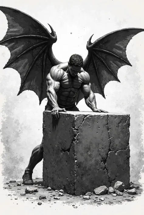 A monochrome illustration with strong contrast, showing a muscular man with open bat wings, pushing a massive square, bigger than him . The man is leaning forward, with arms stretched and legs firm,  showing effort and determination . The square, with a ro...