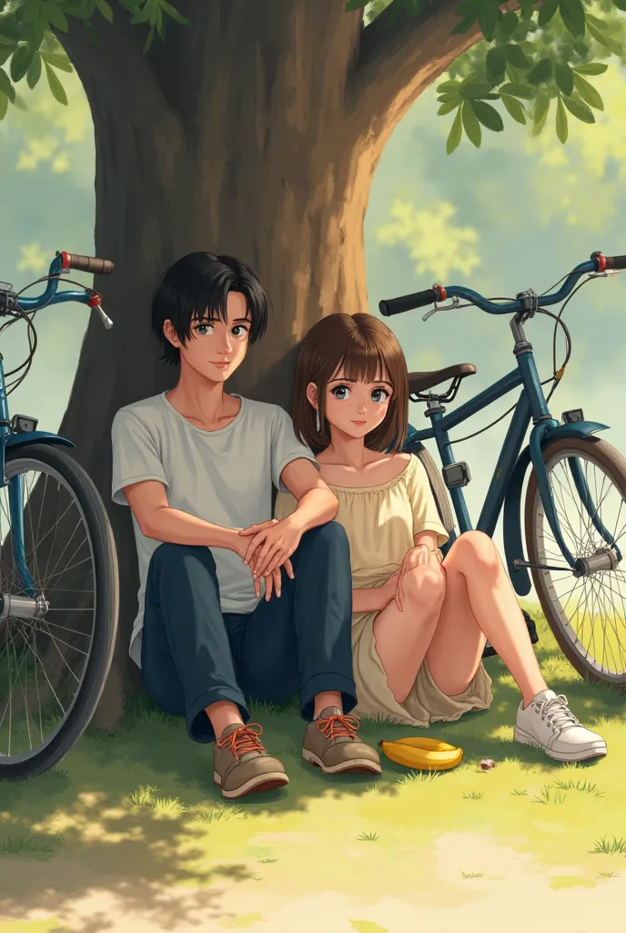 Male with medium dark brown hair and hazel eyes  and female with brown hair and blue eyes sitting against the tree with two bicycles with 2 bananas