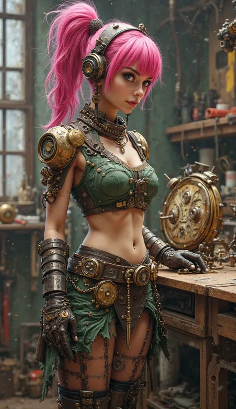 Steampunk female tinkerer, pink ponytail, green/brown/black crop top and skirt with gadgets and detailing, workbench setting with a partially assembled mechanical clock on the workbench 