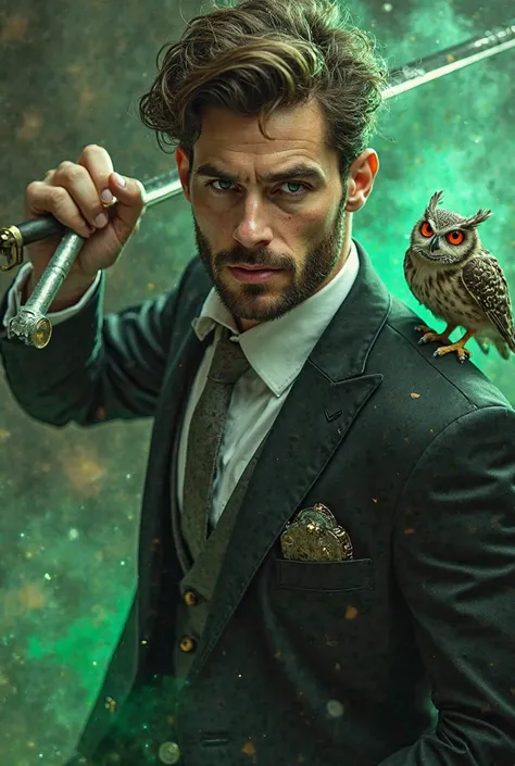 Handsome brown-haired man with short beard dressed in a black suit wearing a white shirt and a gray tie with a clockwork eye and with an owl on his shoulder who wears a magic spa wrapped in green magic in combat posture fighting ghosts