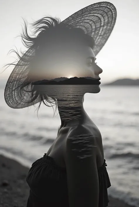  High quality, 8K ultra HD, Una hermosa  double exposure que combina una silueta de diosa con la costa al atardecer,  the coast at dusk should serve as a backdrop,  with its details incorporated in the goddess, sharp lines, The background is monochrome,  s...