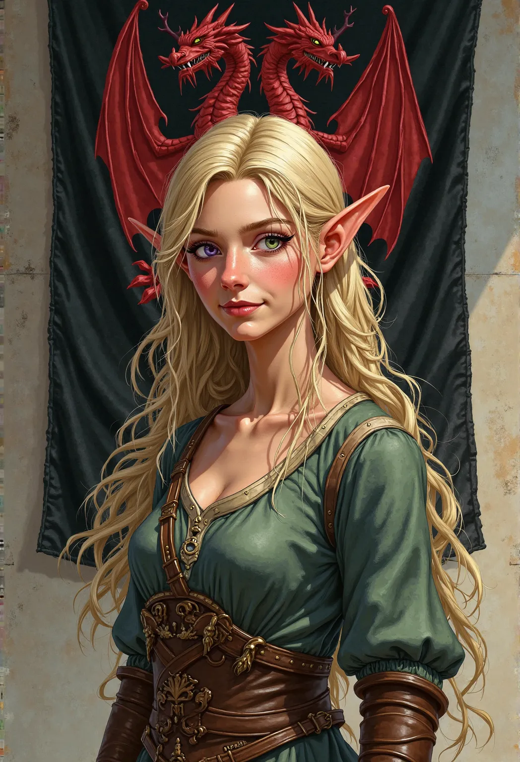 A realistic medieval fantasy portrait of Alyssa. She is a lady of 25 years. She has a long face and she is skinny. She has dirty tangled blonde hair. She hasd mismatched eyes, one violet, the other green. She had big ears and a lopsided smile. She has a cr...