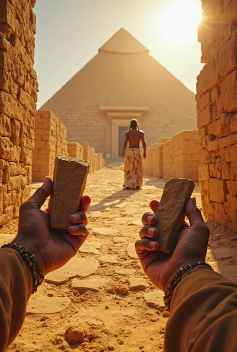 A first-person view of an Egyptian worker building a pyramid. The observer's hands holding stone tools, with the vision of giant blocks being erected in the background. The desert sun shines brightly,  creating sharp shadows . Ao longe, the silhouette of a...