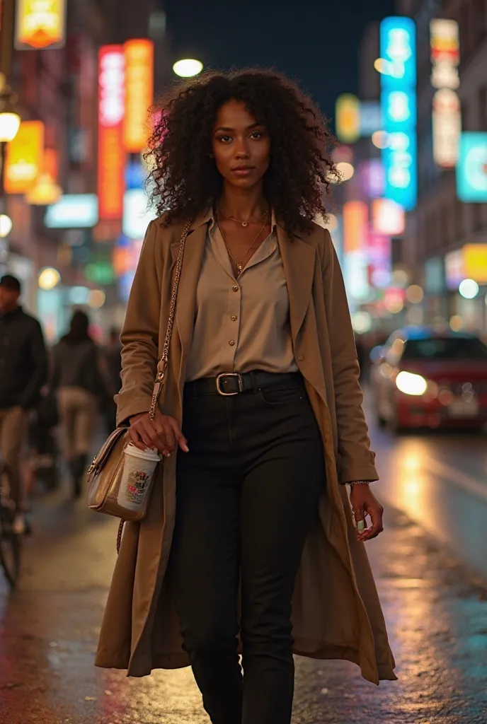 A stunning mixed-race woman with light, warm-toned caramel skin, a perfect blend of Black and White ancestry but leaning more towards a fair complexion, walks confidently down a lively city street at night. Her thick, voluminous, shoulder-length black wavy...