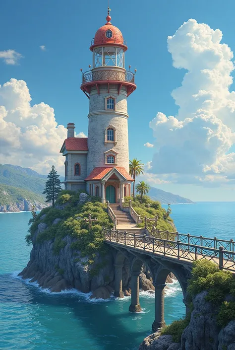 (( top quality)), ((masterpiece)), (  Details), A cute lighthouse built around the pier、An isolated island in a remote sea、 Fantastic