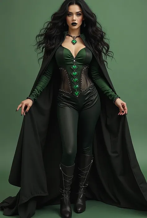 Women 1 m 80 , wavy black hair, green eyes with very black makeup. Black jumpsuit and boots. Green gemstone at heart level {x} Green gemstone at heart level. Black and silver cloak. black nails and a flame at your fingertips. We can see it in full !!