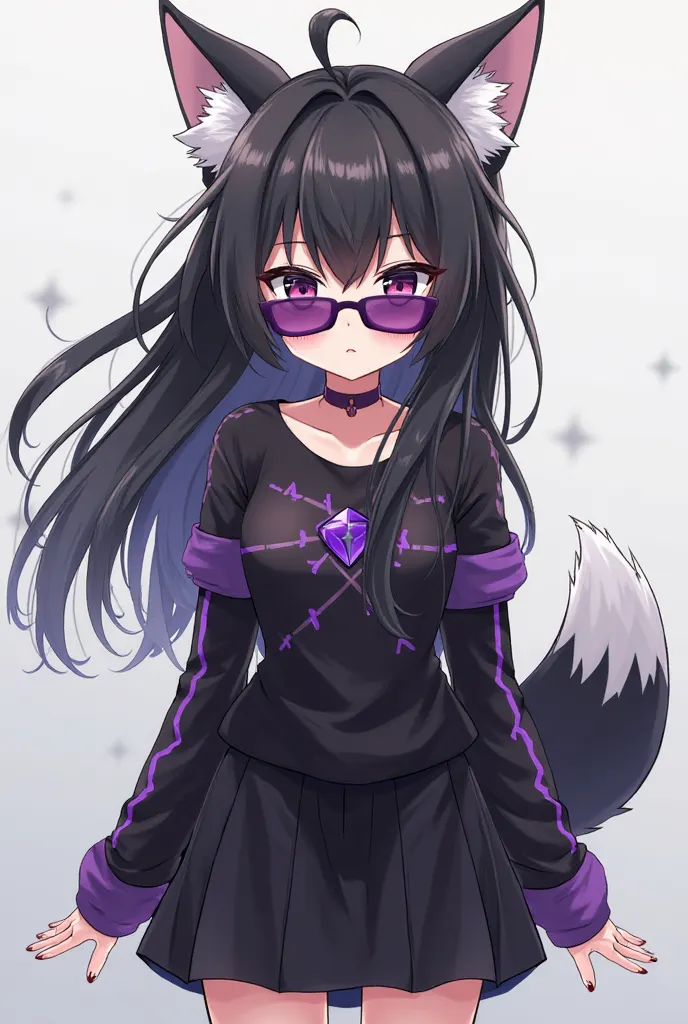 Girl with black hair loose white wolf ears purple sunglasses shirt top black with purple black skirt anime wolf tail white anime anime wolf tail anime 