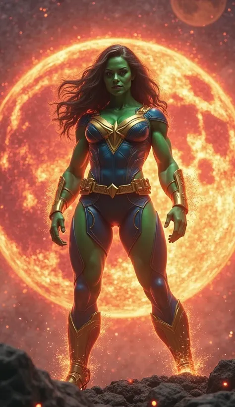 SHE HULK AND MS MARVEL HYBRID FUSION . FUSION IS BIG BODY SHE HULK LOOKING, WITH MS MARVEL POWERS . BACKGROUND IS THE RED BURNING FLOATING PLANET