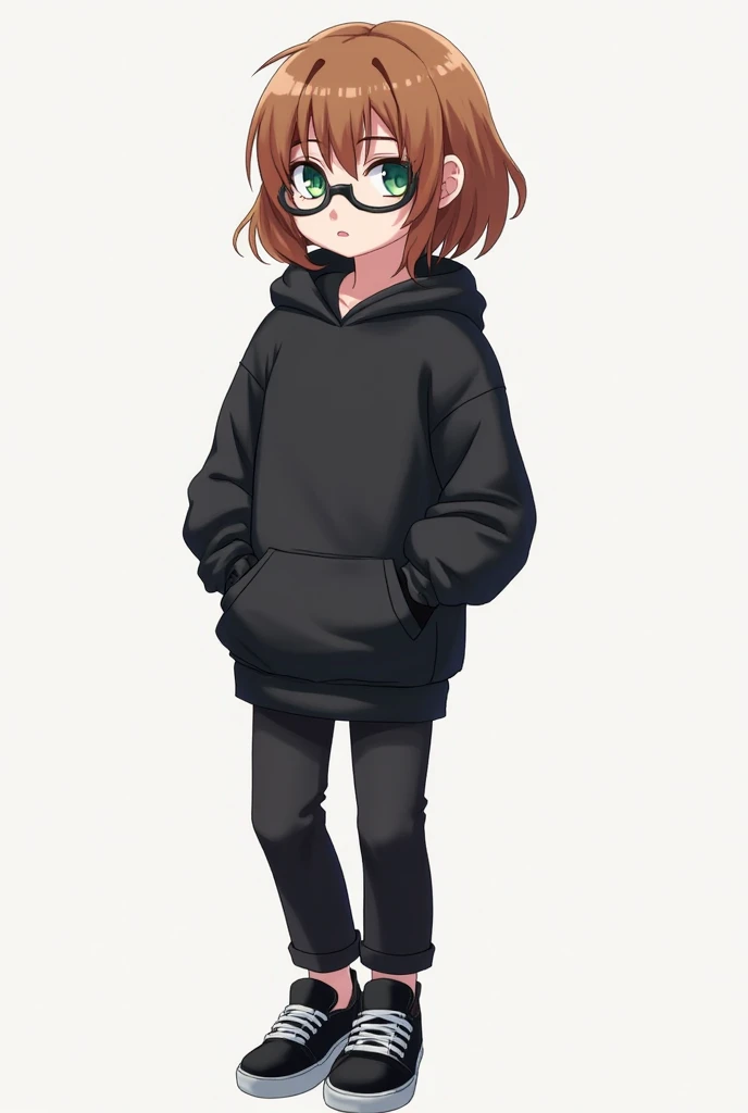 A girl in a black hoodie and black pants is standing with her hands in her pocket. black sneakers on feet. On her face there are glasses with a black thin frame, there is a chestnut square on her head.  eyes green .