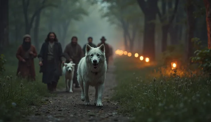 A group of villagers walking through a darkening forest, following a large white dog that leads the way. The dog moves with purpose, while the people behind it look both hopeful and anxious. The background is softly blurred, depicting a winding forest path...