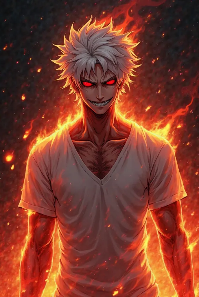 A male fiery demonic human with messy white hair, red eyes and a sinister smile. Your body is shrouded in shadows and burning flames, with incandescent details that highlight its monstrous shape. He wears a white V-neck shirt, contrasting with the fire aro...