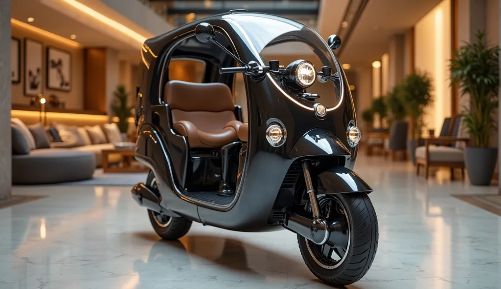 2025 vespa electric rickshaw relastic picture from the front stand in the luxury showroom 