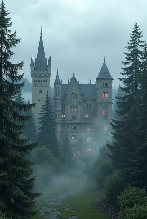 A university and surrounding it pine trees with fog