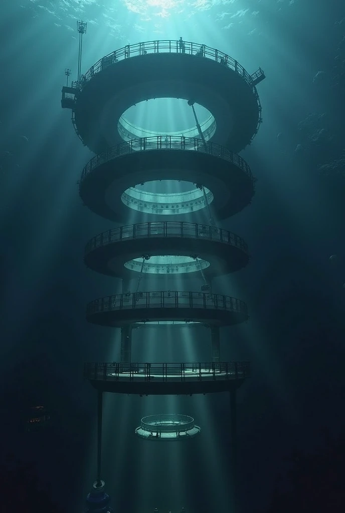 "An external and underwater view of the station known as Pacific, composed of five large circles stacked vertically. The largest circle is closest to the surface, emitting most of the lighting, while the circles below decrease in size to the deepest. The s...