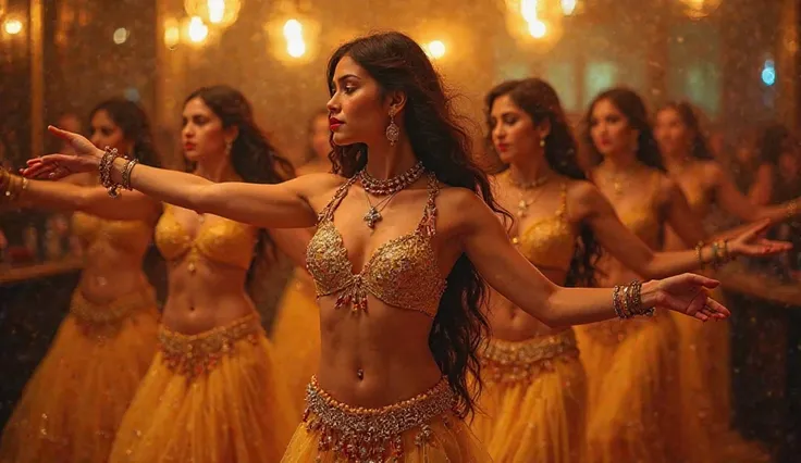 Group of young South Asian women belly dance in a nightclub. Staggered line, mid-performance, arms extended, bodies in motion. Intricate gold embellished sheer cropped tops, flowing golden-yellow skirts. Beaded necklaces, bracelets, dangling earrings. Expr...