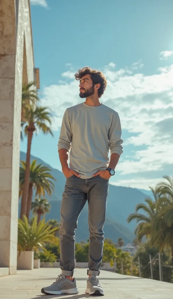 beautiful sunlit modern architecture, full height portrait, closeup, centered, elegant young man, , Italian, thoughtful, long-sleeve T-shirt, gray running shoes, gray jeans, deep blue sky with cirrus, hot climate, mountains, tropical foliage, wavy lustrous...