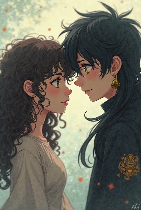 A brunette anime girl with black brown curly hair without a bang and a boy with long black hair and yellow eyes, a bell earring on his left ear and a tiger tattoo on his neck