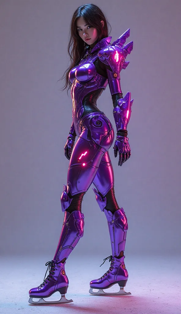 photo-realistic, ultra-realistic, very beautiful Japanese futuristic soldier, famous Japanese idol, dramatic scene, masterpiece, beautiful eyes, dark auburn hair, wearing purple high heel ice skates , (cyber punk glossy intricated purple mecha armor suits ...