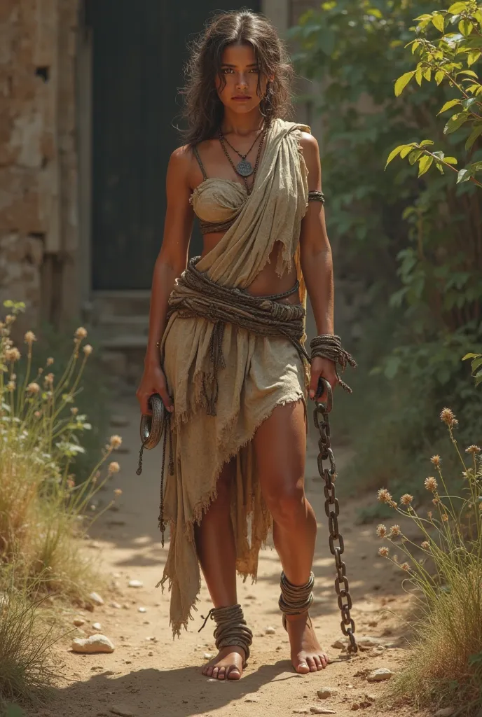 (photorealism:1.2),Ancient Rome a slave girl dressed in a dirty very short sleeveless short tunic,barely covering the middle of her thighs, torn,with a torn hem,tanned, sweaty barefoot,bare feet in dusty,hair dirty and matted, worrrrk in gardenChained to a...