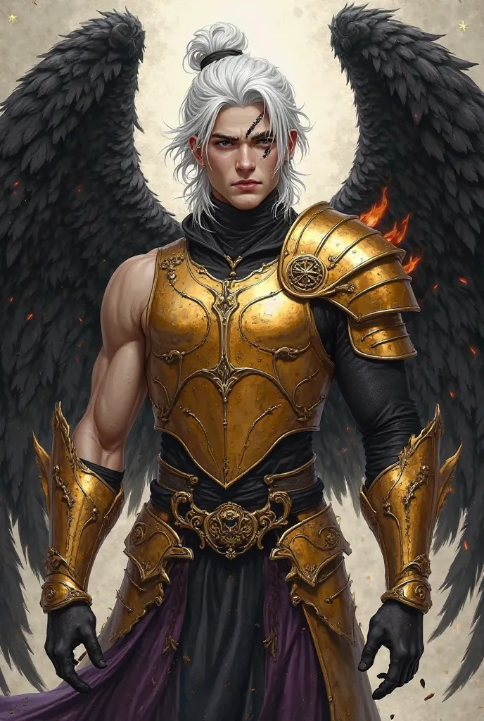 A male angel of the sign of scorpion with black wings with white hair up to the shoulder and wearing half a bun in the hair that shows the hair underneath that are black, White-skinned,  honey brown eyes, a vertical scar in the middle of the right eye, whi...