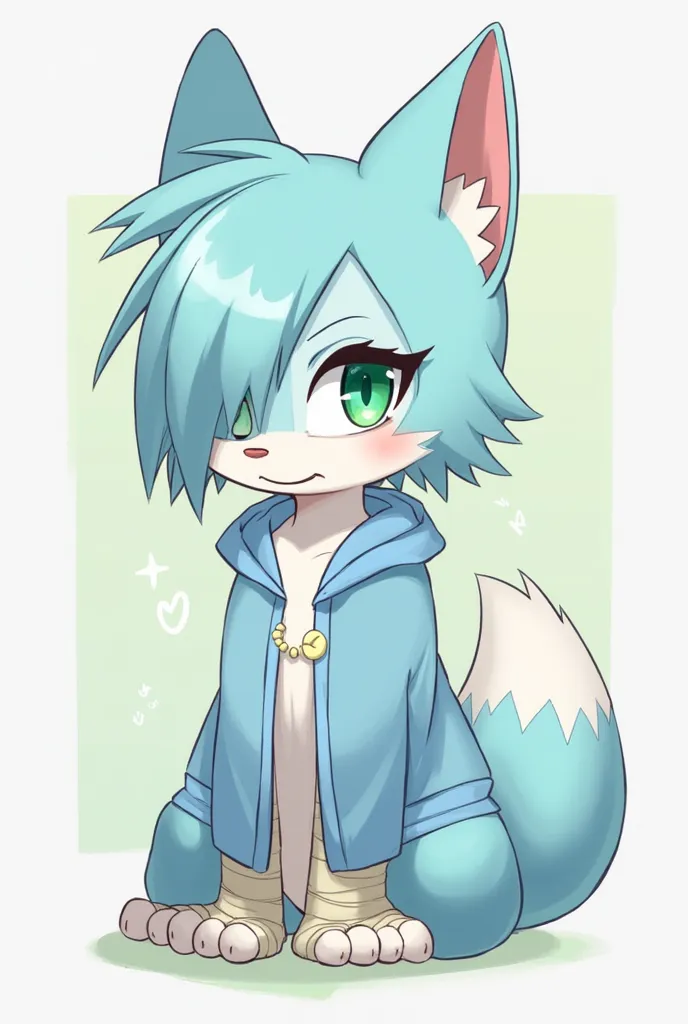 Create the image of a character, inspired by Blaze the cat and Tails the fox, a cat with a pastel blue coat with his right eye covered by his fringe, his back hair tied in a low tail, with relaxed eyes and pastel green color, instead of shoes he uses banda...