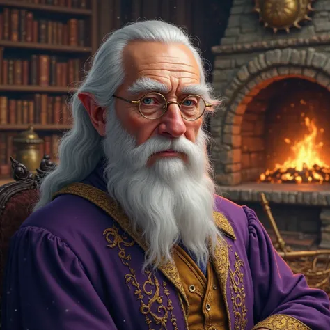 Detailed portrait of Albus Dumbledore, the director of Hogwarts, with his iconic long silver beard, and crescent glasses. He is dressed in his magical purple and gold clothes, with an air of wisdom and calm. The background shows a magical environment, poss...