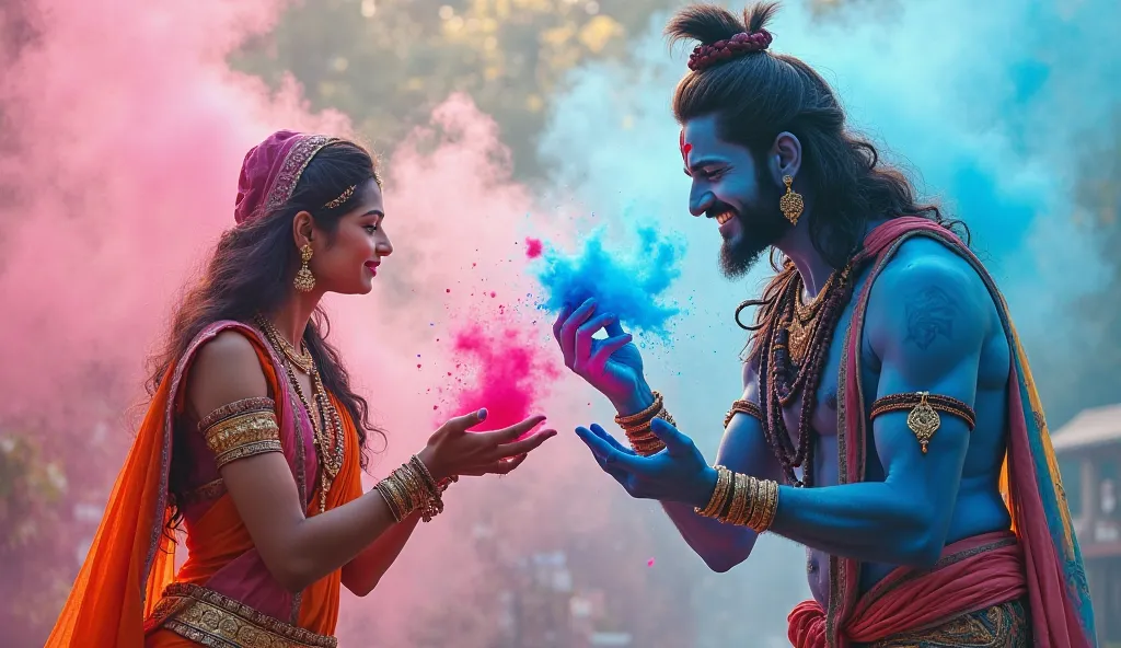 *Prompt:** Goddess Parvati and Lord Shiva playing Holi in a divine setting. Parvati throws pink color at Shiva, who laughs as he holds a handful of bright blue powder, ready to throw back. The sky is filled with festive colors.  