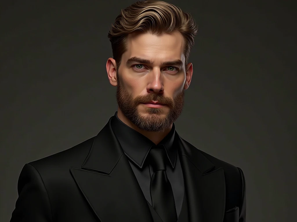 Create a man inspired by Jensen Akles, CEO, Young, loira ragged beard, very dark blond hair , short, malicious green eyes, Evil's little smile,  very muscular, very beautiful hair, Mafia style wearing all-black dress.
