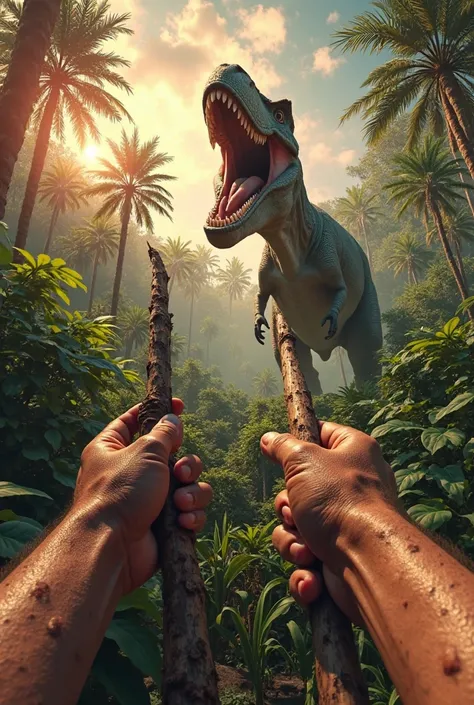 A hyperrealistic image in POV style (first person point of view), as if the observer were living in the dinosaur era. The scene shows primitive human hands in front, partially covered with dirt and scratches, holding a rudimentary wooden spear. On the hori...