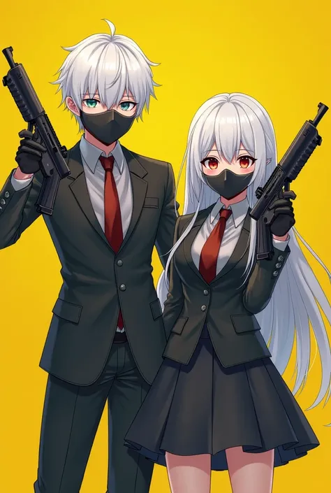 anime couple wearing masks and holding guns in front of a yellow background, girls frontline style, from girls frontline, fine details. girls frontline, girls frontline universe, girls frontline, girls frontline cg, m4 sopmod ii girls frontline, sakimichan...