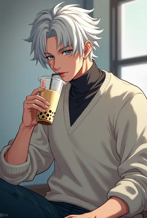 Gojo Satoru. White hair. Blue Eyes. drinking boba milk tea . Wearing  sweater.  