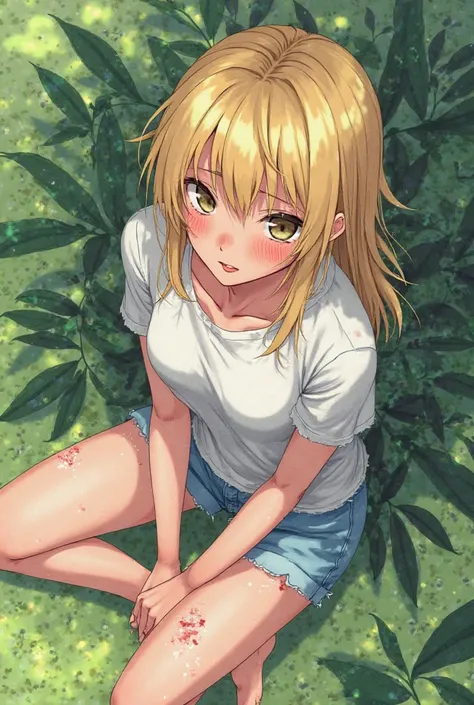 Blonde anime girl sitting outdoors on grass, wearing a slightly disheveled white T-shirt and light blue shorts, flushed and sweating, with a sultry yet relaxed expression, soft lighting, delicate line art, top-down diagonal view, vibrant but gentle colors....