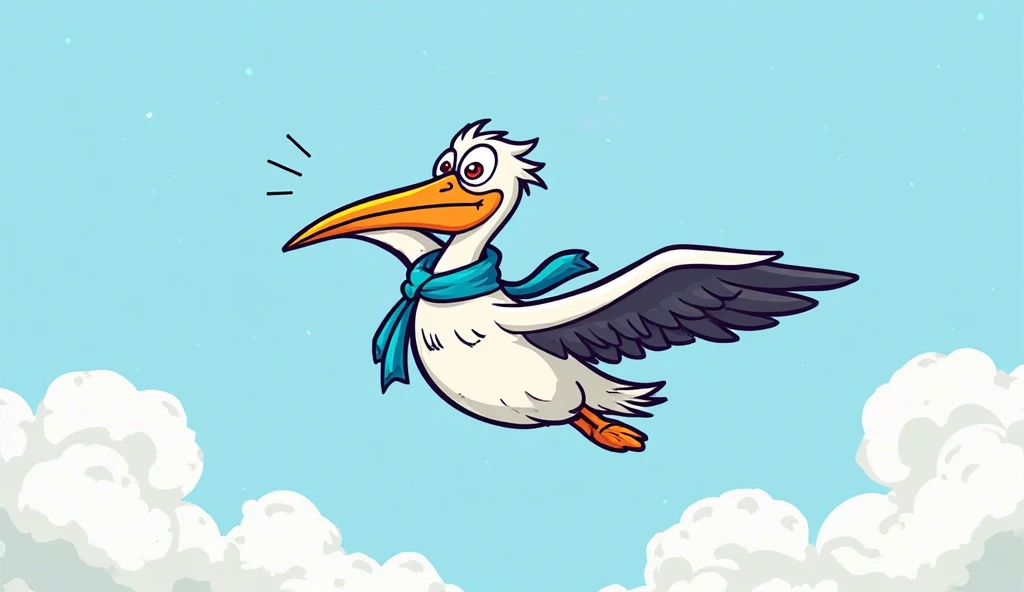 A pelican with orange beak, blue scarf in its neck, flapping its feathers In the sky angrily. Generate simple cartoon images. 