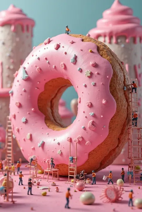 miniature people making giant pink frosted round donuts with machines and ladders.