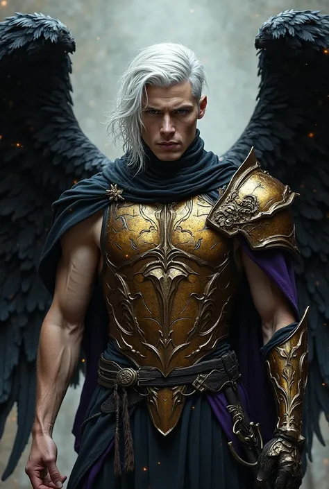 A male angel of the Scorpio sign with very dark black wings with a bad face, with white hair up to the shoulder and wearing half a bun in her hair that shows half of the hair underneath that is black, White-skinned,  honey brown eyes, a vertical scar in th...