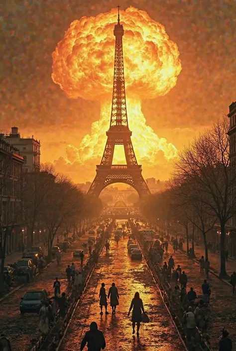  The destroyed city of Paris with the Eiffel Tower in the background, And that there be an atomic nuclear explosion with yellow and orange tones in the background , And that there are many demons devouring humans 