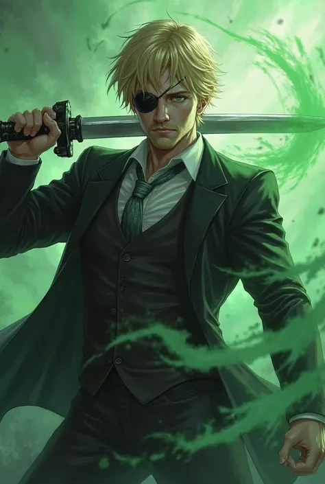   Handsome blond man with short beard dressed in a black suit  ,  dressed in a white shirt and gray tie with an eye patch ,  wielding a sword shrouded in green wind in combat posture, Fight against ghosts .