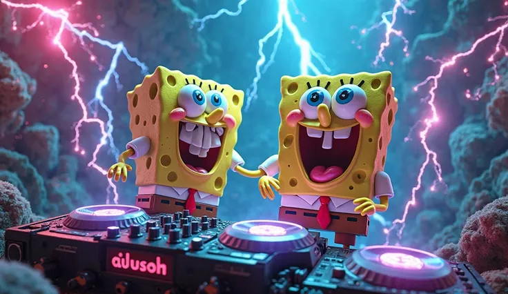 Realistic style, Master Parts, Best Quality, 8K, art stations, foco nítido, Ultra-realistic, high details, spongebob patrick playing dj, while using his lightning