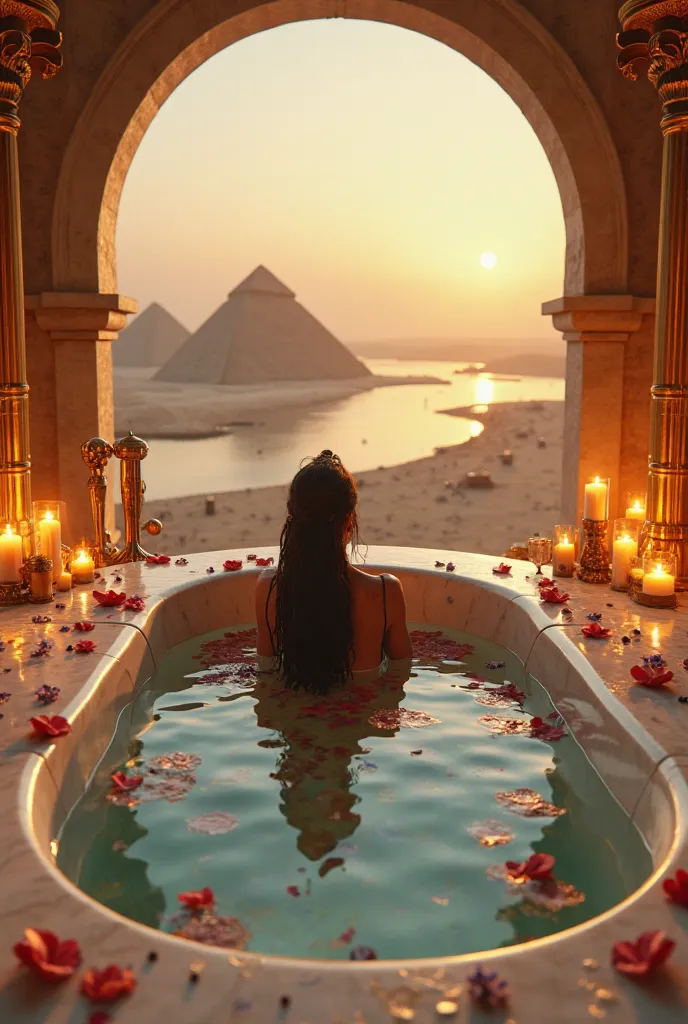 "A hyper-realistic image in point-of-view (POV) style, capturing the first-person perspective of Cleopatra relaxing in a luxurious white marble bathtub, adorned with flower petals and essential oils. The crystal-clear water reflects the soft glow of torche...