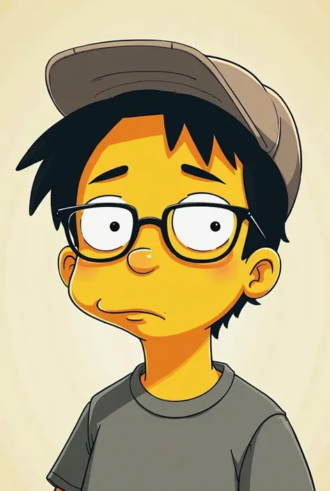 Simpson-style image of an Asian boy with thick lips,  short black hair, with back cap and lenses for seeing