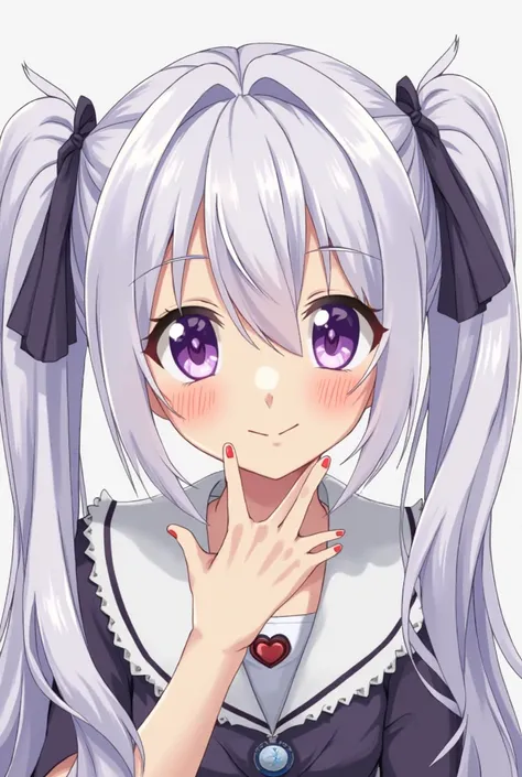 Nephren Ruq Insania, from the anime "WorldEnd: What Do You Do at the End of the World? Are You Busy? Will You Save Us?" , looking at the viewer, gentle smile on her face, anime style, silver-white hair, tied up into twin ponytails, purple eyes