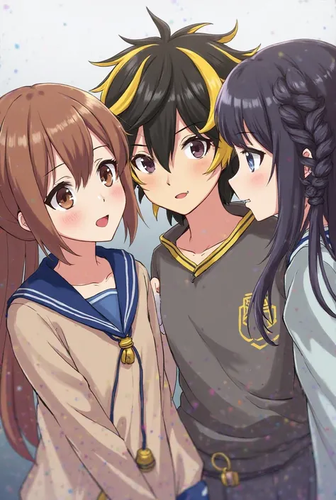 Kazutura Hanemiya is a boy with black hair and yellow strands with a bell earring in his left ear and a mole under his right eye with a girl with curly black hair, brown eyes and a brunette girl