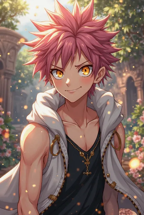  A age boy , Salmon pink hair,  golden eyes, beautiful, fairy tail, natsu dragonell,  muscular body,  Japanese anime .