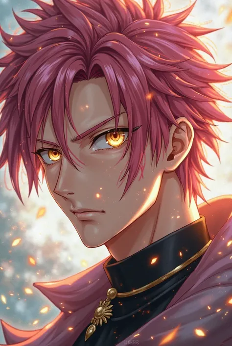 an adult man, pink salmon hair,  golden eyes, beautiful, fairy tail, Natsu Dragonell,  Japanese anime .