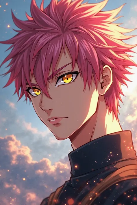 an adult man, pink salmon hair,  golden eyes, beautiful, fairy tail, Natsu Dragonell,  Japanese anime .