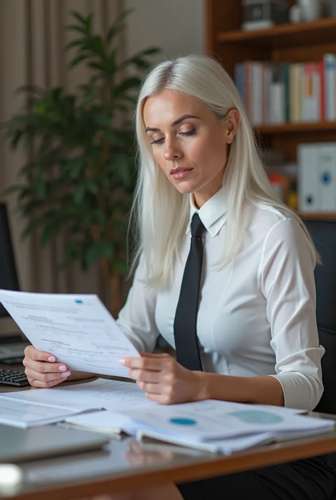 A white-haired manager woman. White skinned and long straight hair. Take care of the paperwork at your desk.  Black slit skirt under white shirt and black tie.